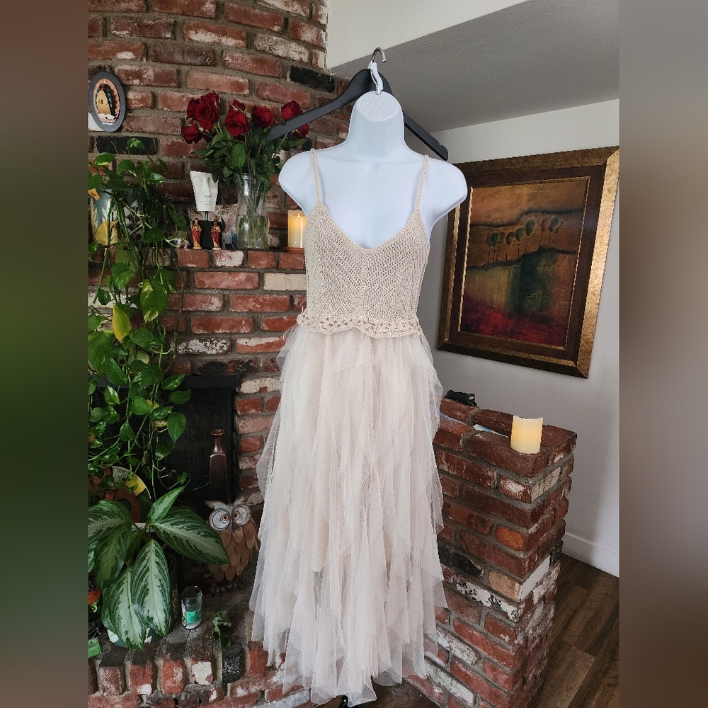 Lollita Cream Tulle Maxi Dress Crochet Bodice Boho Cottagecore Bridal Ethereal - Picture 3 of 15